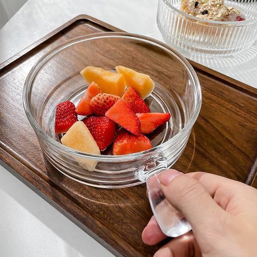 Clear Glass Bowl with Side Handle for Soup, Salad, Fruit & Dessert - Ribbed Modern Design