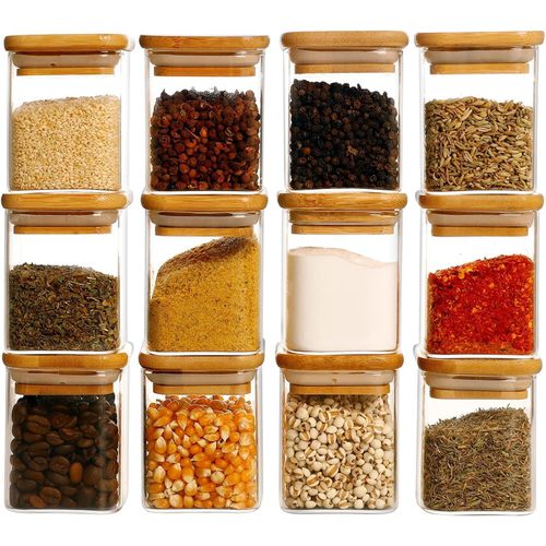 Set of 10 glass spice jars with airtight, wooden lids
