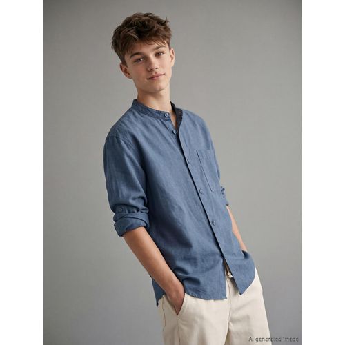 Boy's Mandarin Collar Linen Blend Shirt