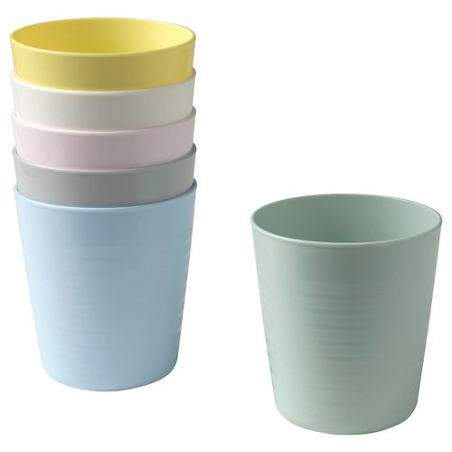 Mug Six colourful cups stacked and one separate. Bright colours, cylindrical shape, plastic material. Ideal for children, easy to grip.