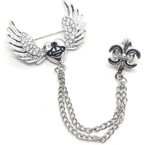 Wing Heart Chain Brooch Pin – Crystal Wings Lapel Pin with Double Chain for Suit Jacket Shirt Accessories