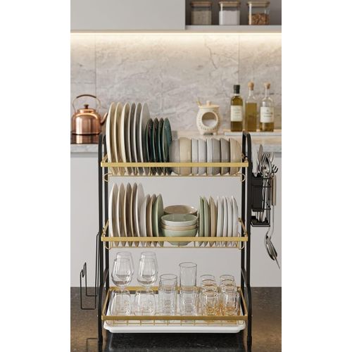 Double-layer dish drying rack with utensil holder and cup holder - Durable two-tier metal kitchen rack with drip tray for dishes, bowls, cups, and cutlery - Space-saving countertop organizer