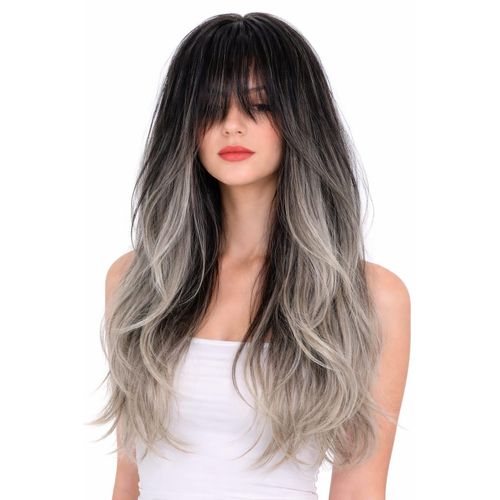 A medium-length, wavy wig for women made of black thermal fiber and an ombre on the ends in gray.