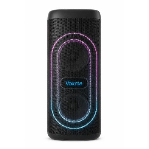 Portable Wireless Bluetooth Party Speaker Model VOXME-6000 with Dual 6.5-Inch Subwoofers, Heavy Bass Stereo Sound, Supports Karaoke Mic, Audio Recording, Dynamic Circular LED Lights, USB, TF & FM Radio, with Remote Control & Rechargeable Battery - Black