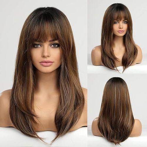 باروكة شعر صناعي طويلة مستقيمة باللون البني
