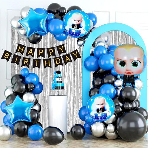 طقم زينة حفلة عيد ميلاد بثيم الزعيم الصغير - 55 قطعة مع لافتة عيد ميلاد سعيد (كرتون)، بالونات زرقاء