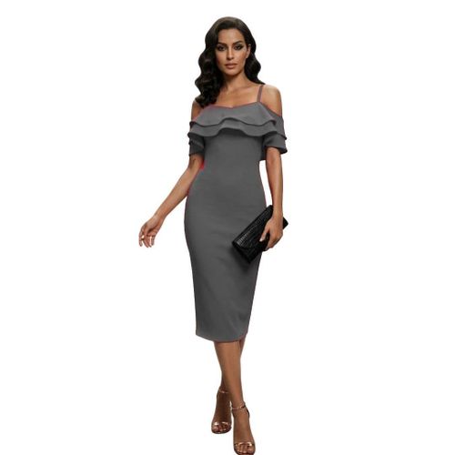 Scuba dress with double straps and ruffles for evening wear