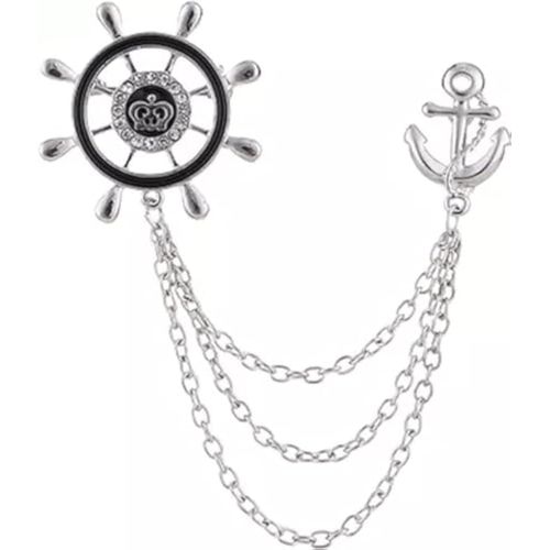 Anchor & Ship Wheel Brooch for Men with Chain – Nautical Lapel Pin Suit Accessory, Vintage Marine Style Double Chain Brooch for Blazer, Wedding & Formal Wear (Silver)