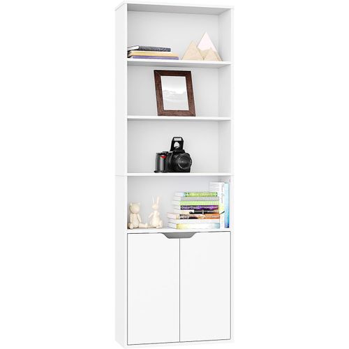 6 Tier Bookcase with 2 Doors in White, Wooden Cube Shelves, Tall Bookshelf Storage Cupboard, Soild Wood Organizer Display Free Standing Unit for Living Room