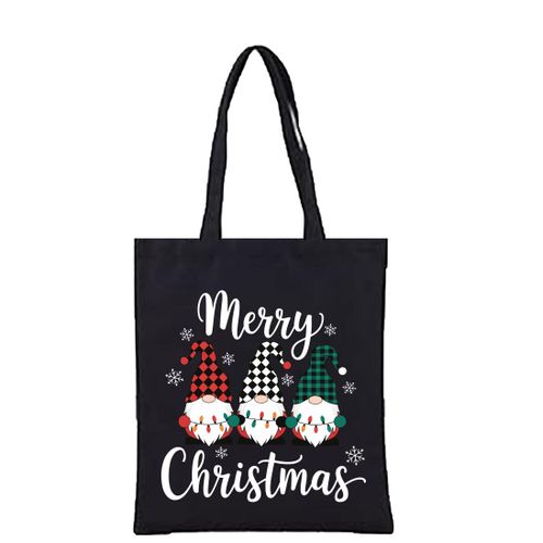 Black Christmas tote bag Beige High quality 100% linen handbag with distinctive design and shapes, multi-use (travel/lecture/club/work) Merry Christmas with 3 Gnomes