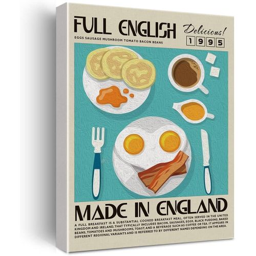 Xiolcxdr Funny Kitchen Canvas Print Decor Full English a Full Breakfast Art Wall Painting Posters 12X15 Modern Home Kitchen Decoration (Framed)