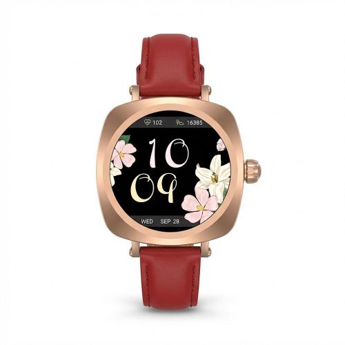 ساعة ذكية SW03 شاشة أموليد 1.19 بوصة عالية الدقة مكالمات بلوتوث 100+ وضع رياضي مقاومة للماء IP68 مراقبة الصحة والنوم للنساء لون ذهبي وحزام جلد أحمر