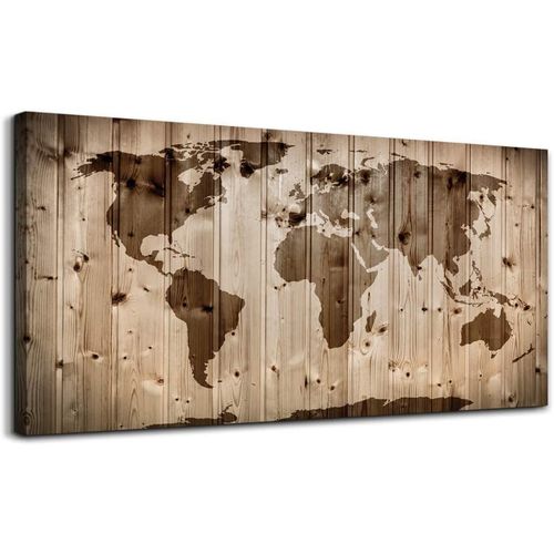 MHARTK66 Wood Grain Vintage Retro World Map Canvas Artwork for Living Room, Bedroom, Office Wall Decor