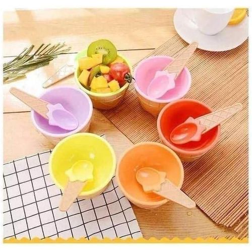 Set of 6 Ice Cream Bowls with Spoons, Cone Design, Vibrant Colors