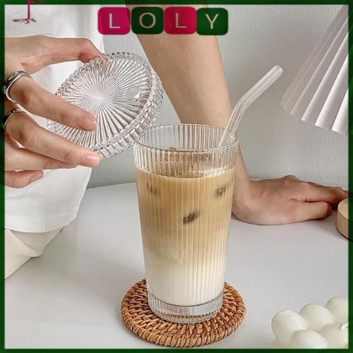 Striped Glass Tumbler with Lid and Straw, Transparent, Cylindrical