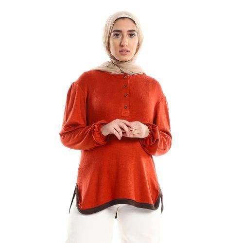 Kady Upper Buttoned Dark Orange Long Sleeves Top