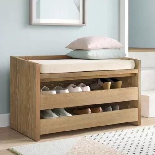 Modern Shoe Rack Bench with Padded Seat - Open Storage Shelves - Wooden Color