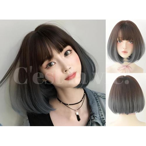 Brown thermal fiber wig with gray ends and bangs on the forehead