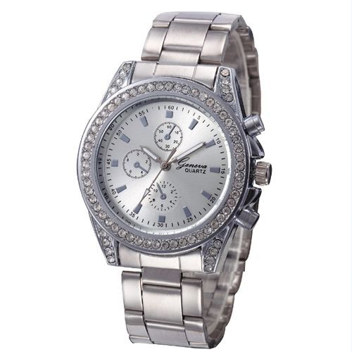 Lady Diamond Metal Band Analog Quartz Feahionable Wrist Watch-Silver