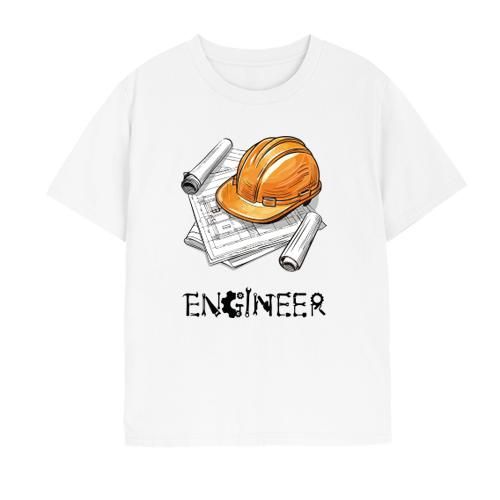 White Cotton T-Shirt Engineer Graphic ,Hat Blueprint Print, Casual Style