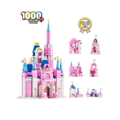 6-in-1 Disney Castle Building Blocks Set, Princess Castle Building Toys, Pink Palace Toy Set, Pink Princess Castle Building Blocks Set, Ideal Gifts for Kids Age 6+ Year Old (1000 PCS)