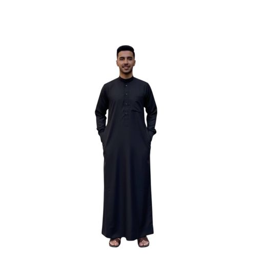 Men's jalabiya made of soft and comfortable microfiber fabric, perfect for Eid, Ramadan, and Friday prayers. Available in various sizes black