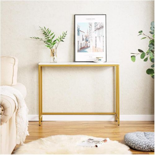 Modern Console Table with Faux Marble MDF Top and Golden Metal Frame, 97x24x75.5 cm, White Marble Finish, Rectangular Hallway Display Table for Small Spaces
