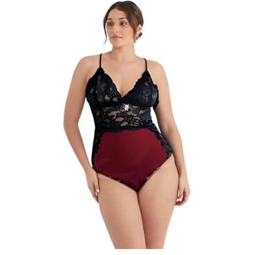 Women's Two-Tone Bodysuit in Black & Bordeaux with Lace Details and Thin Straps, Comfortable Fit for All Sizes