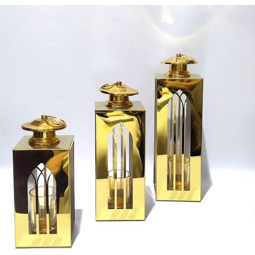Golden Stainless Steel Lantern Set 3 Pieces Decorative Candle Holders Indoor Outdoor Home Decor Lotus Mirror Design