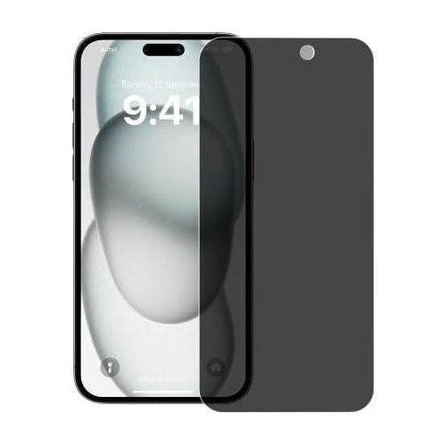 A screen protector for Apple iPhone 15 Plus made of glass with a privacy filter, full coverage, and scratch resistance.