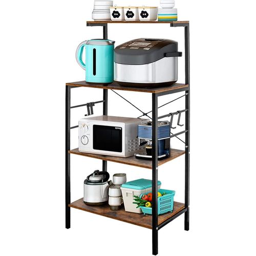 4-Tier Bakers Rack for Kitchen, Microwave Cart & Coffee Bar Storage Shelf with 4 Hooks, Heavy Duty Kitchen Organizer Rack, Rustic Brown