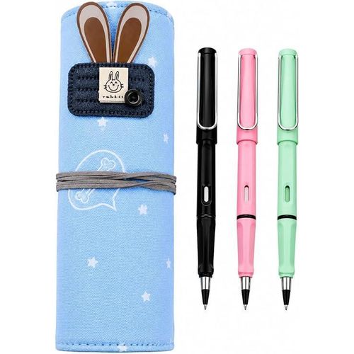 Wrap Pencil Case +3 Forever Pencils, Roll-Up Pencil Pouch, Reusable Canvas Pen Organizer with Elastic Band, Magic Inkless Pencils for School, Office, Drawing & Gift - Cute Rabbit blue