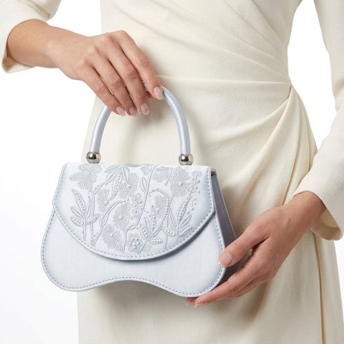 Embroidered Flap Top-Handle Evening Bag Silver