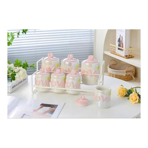 Modern Pearl Porcelain Spice Set with Love Design and Organized Stand - 7 Pieces