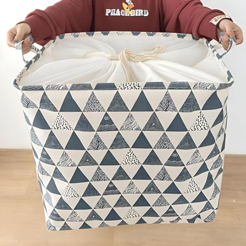 Toy Basket - Decorative cotton canvas organizer with metal frame support and secure rope seal, ideal for storing kids’ toys or laundry neatly in stylish, durable storage solution
