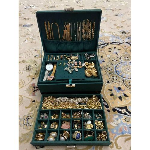 Helene Jewelry, Makeup & Cosmetics Box/Case, 3-Tier Women's Jewelry Organizer with Lock, Jewelry Holder for Chains, Earrings, Bracelets, Rings & Watches (Green - 3 Tiers)