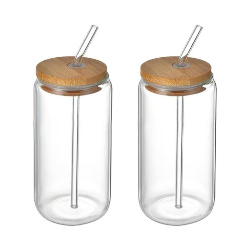 2 Pcs Glass Iced Coffee Mug with Straw and Bamboo Wood Lid Glass Juice Mug with Straw and Wooden Lid - Drinking Cups with Bamboo Lids and Straws, Glass Cup for Iced Coffee, Milk, Yogurt, Cocktails, Smoothies Clear Drinking Cup for Juice, Milk - Glass