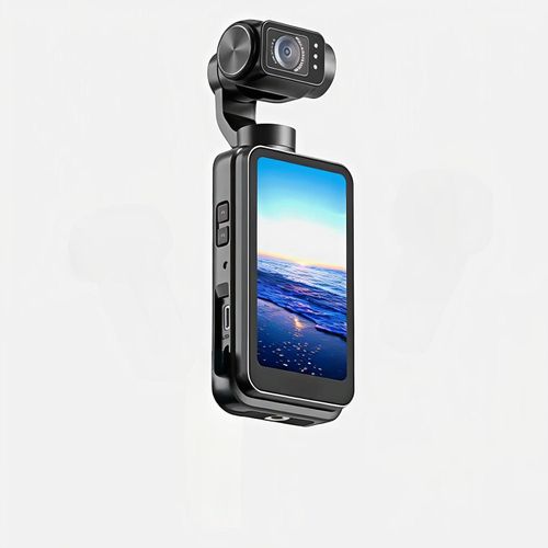 OurDrow M5 Smart Pocket Camera with 5K Ultra HD resolution, 3-axis gimbal stabilization, 3.5-inch rotating IPS touchscreen, 120-degree wide-angle lens, and infrared night vision.