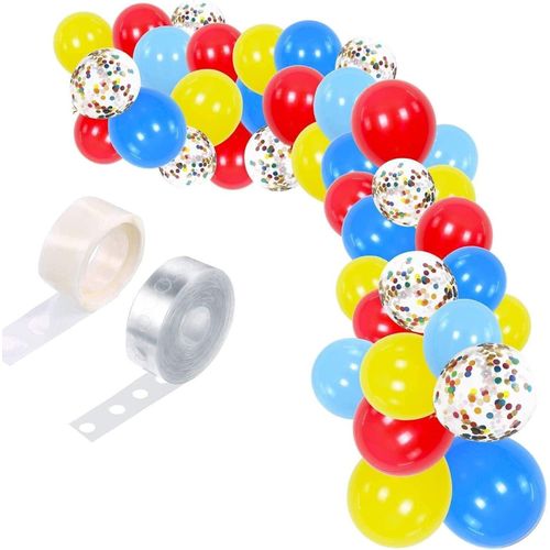 مجموعة قوس بالونات زرقاء حمراء صفراء لحفلة الكرنفال قوس بالون احتفالية زخارف بألوان قوس قزح وبلونات ملونة مع كونفيتي