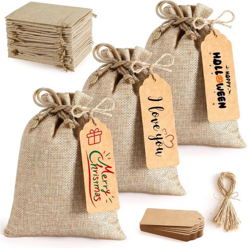 Set of 25 Reusable Burlap Gift Bags with Drawstring, 5 x 7 Inch Small Party Gift Bags + Bonus Gift Tags and Rope, Wedding Party Gift, Jewelry Pouches, Christmas, Festival, Kids Birthday, Coffee, DIY