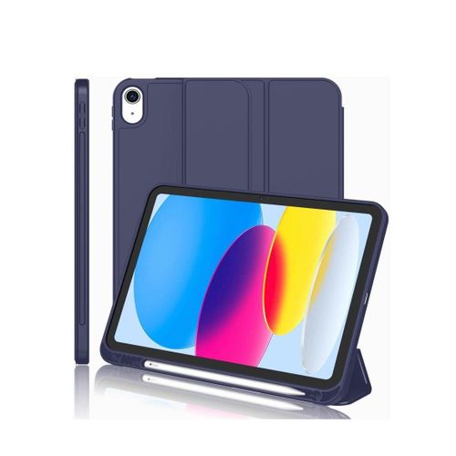جراب جديد لجهاز iPad مقاس 109 بوصة الجيل العاشر لعام 2022 مع حامل قلم جراب ذكي ثلاثي الطي مع ظهر من مادة TPU الناعمة خاصية التشغيلالإيقاف التلقائي أزرق داكن