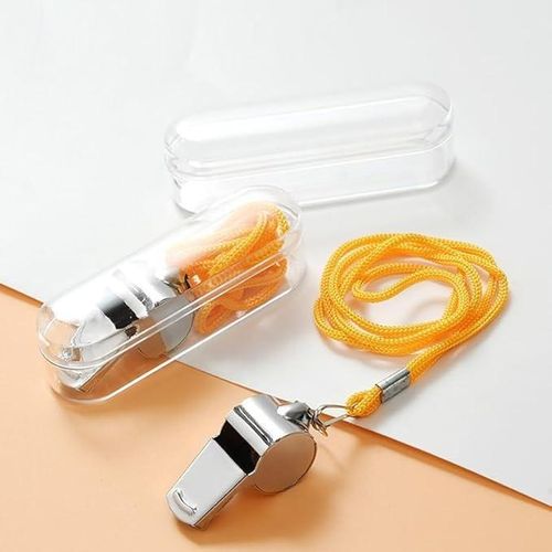 Metal whistle for referees, suitable for football coaches, sports matches, and referees. Loud and clear sound, ideal for outdoor use. Includes hanging rope and storage box (1 piece).