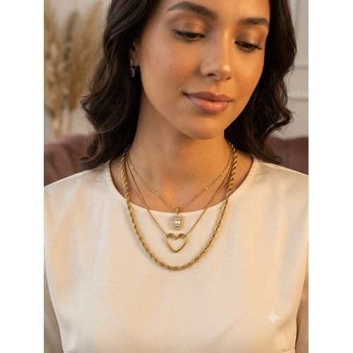 Lazurde-Inspired, Braided & Open Heart Triple Stainless Steel Necklace Combo (Anti-Tarnish)