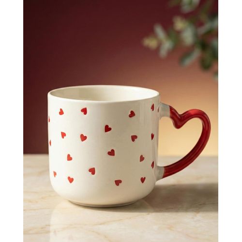 Casa Home Porcelain Mug with Heart Pattern, Red Handle, 400ml Capacity, Microwave and Dishwasher Safe