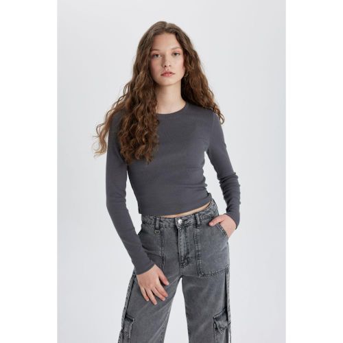 Slim Fit Crew Neck Camisole Long Sleeve T-Shirt - Grey