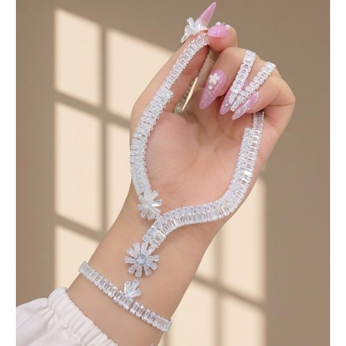 Complete Stainless Steel Wedding Jewelry Set - CZ Baguette & Marquise Necklace, Bracelet, Earrings, and Adjustable Free-Size Ring.