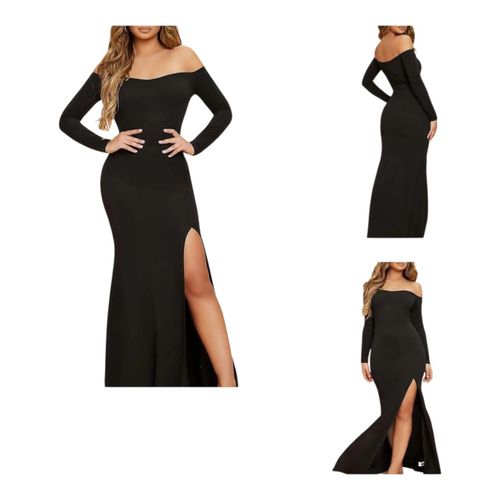 Off-shoulder crepe lycra fitted dress, fits sizes 50-80
