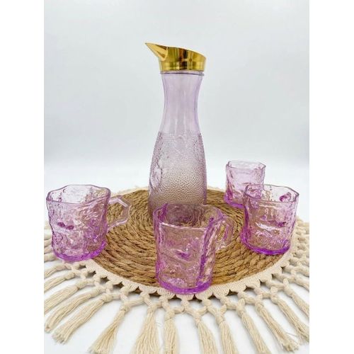 Hammered Rose Glass Water Jug Set with 4 Gold Rim Cups