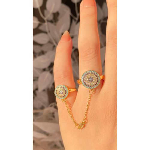 Women's Elegant Gold-Plated Double Ring with Chain & Blue Crystal Details