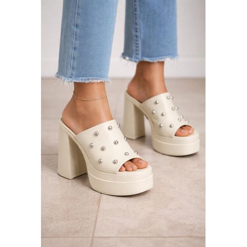 Slipper High Heels Leather Studded X-15 - Beige